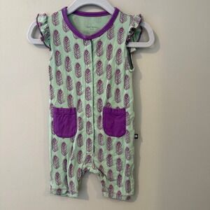 Sweet Bamboo Peacock Feather Romper Mint Green Purple Flutter Sleeve 3-6 Months
